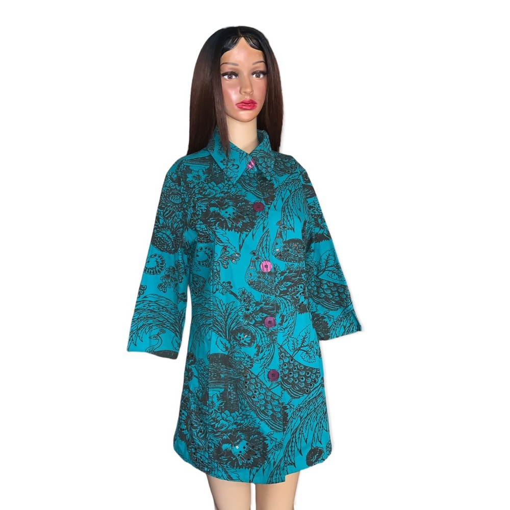 Gandy Couture Peacock /Floral Print Button-Down Shirt, Size S